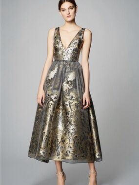 Marchesa Notte floral lamé fil coupe cocktail d Midi Dress-Like New condition